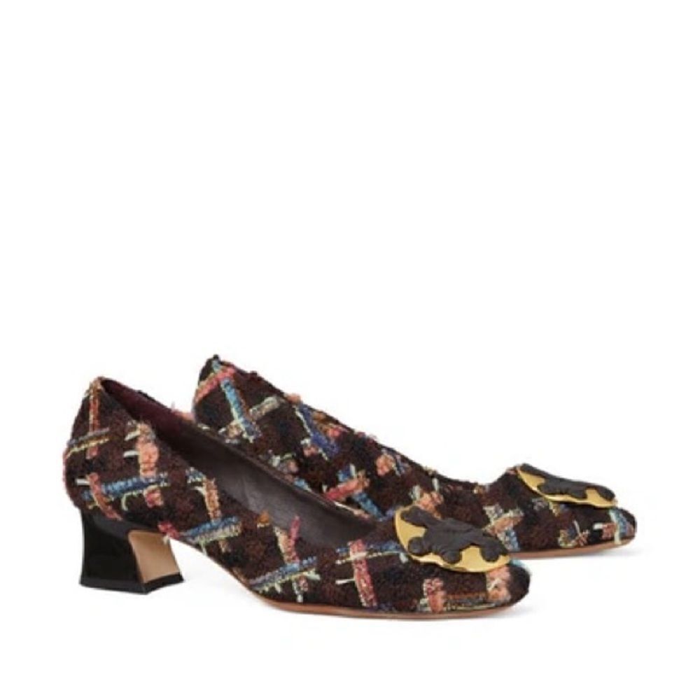 Tory Burch Wool Blend Mixed Media Tweed Plaid Pump In Brown/Coco Size 6.5